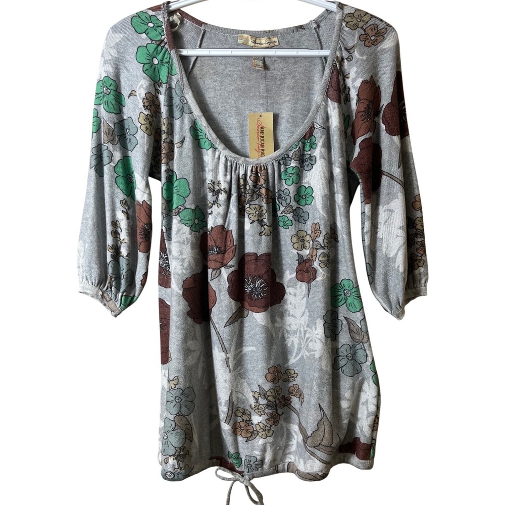 America Rag Cie Boho Floral 3/4 Sleeve Scoop Neck Knit Top Gray XS Festival
